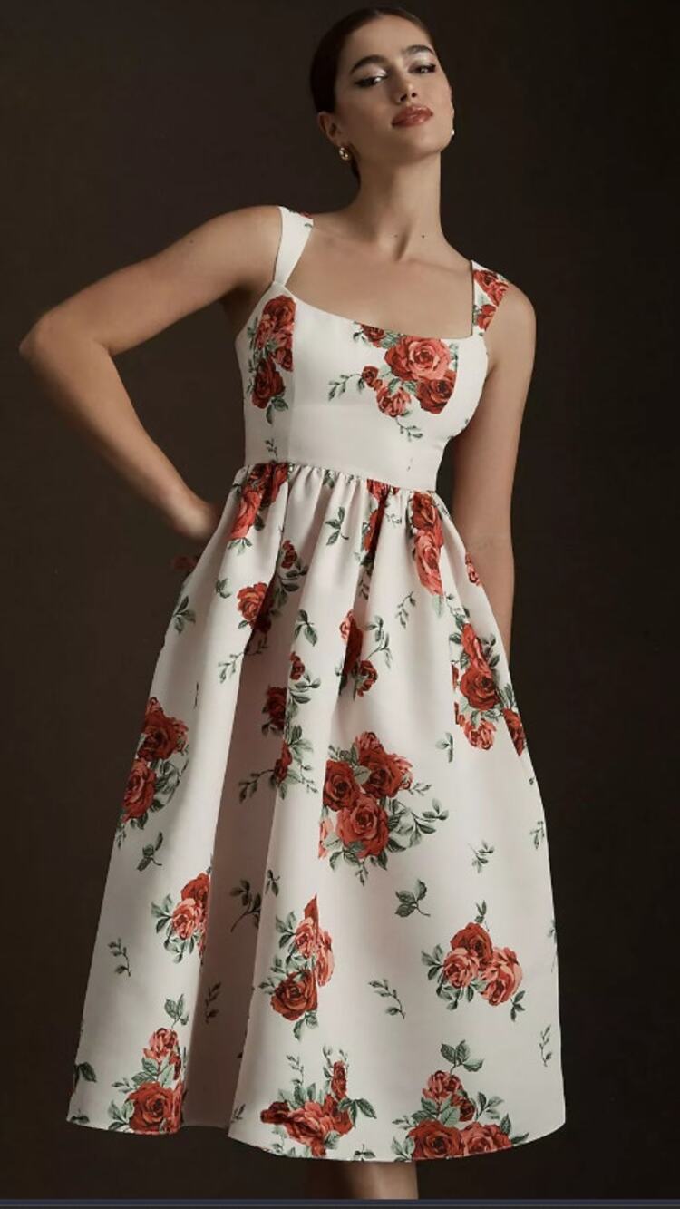 EUC Sachin & Babi Red Floral Square-Neck Midi Dress - Size 2